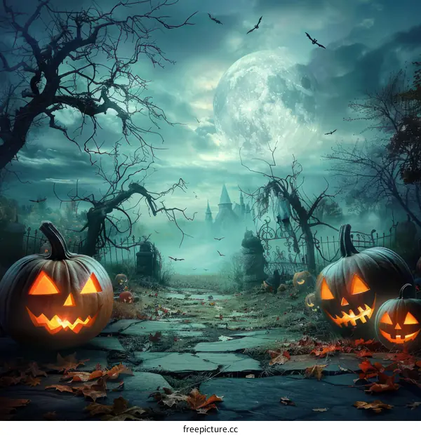 Spooky Halloween night with pumpkins and a haunted house in the background