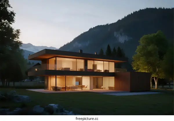 Modern mountain house with large glass windows and nature view