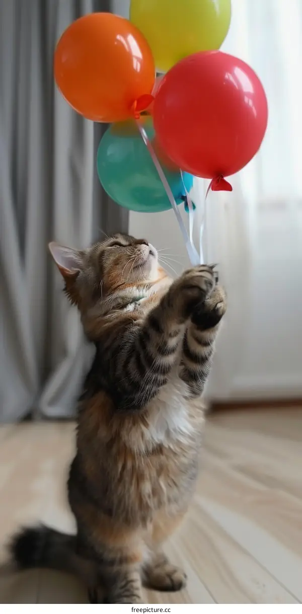 A cat is playing with balloons
