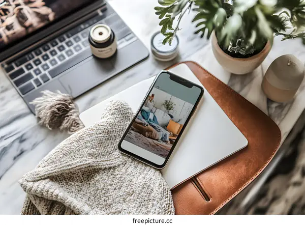 Flat Lay of a Laptop, Smartphone, and a Plant on a Marble Table