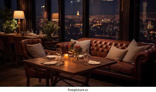Elegant dining room with a view of the city at night