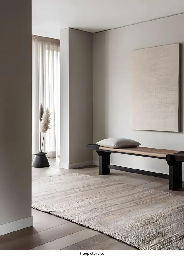 Minimalist Interior Design With Wooden Bench and Rug