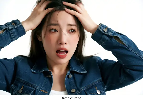 Young woman with a surprised expression holding her head