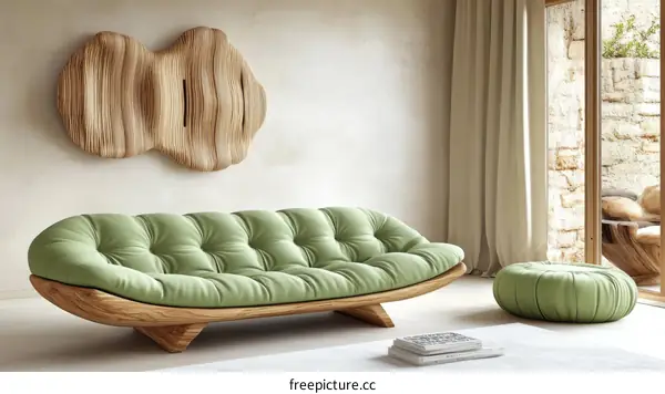 Modern Wooden Sofa with Green Cushions