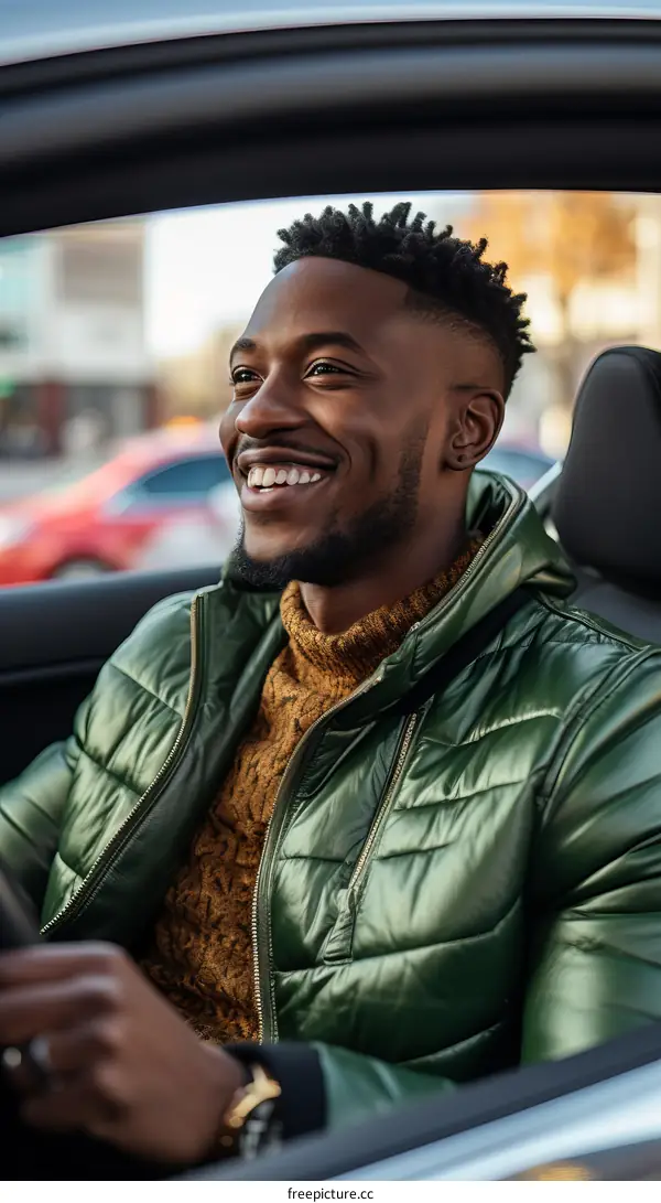 Happy African American man driving a car