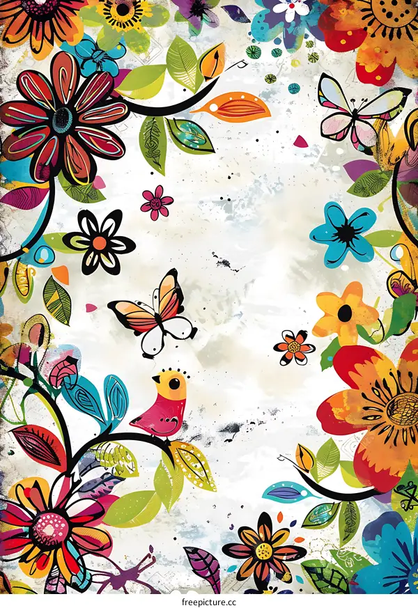 Colorful Floral Design with Bird and Butterflies