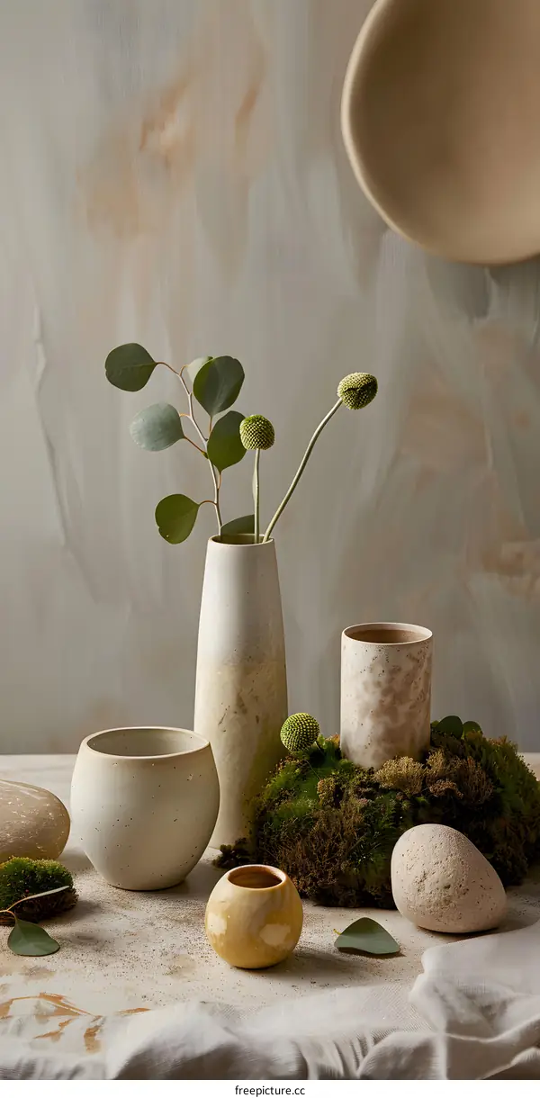 Ceramic Vase with Green Plant on Table with Moss and Stones