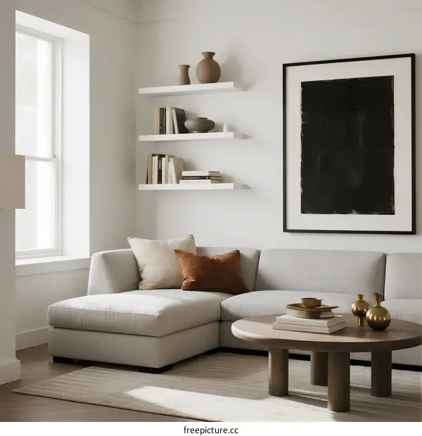 Modern living room with white walls and minimalist furniture