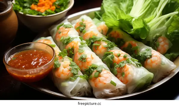 Fresh and healthy Vietnamese spring rolls with vegetables and shrimp