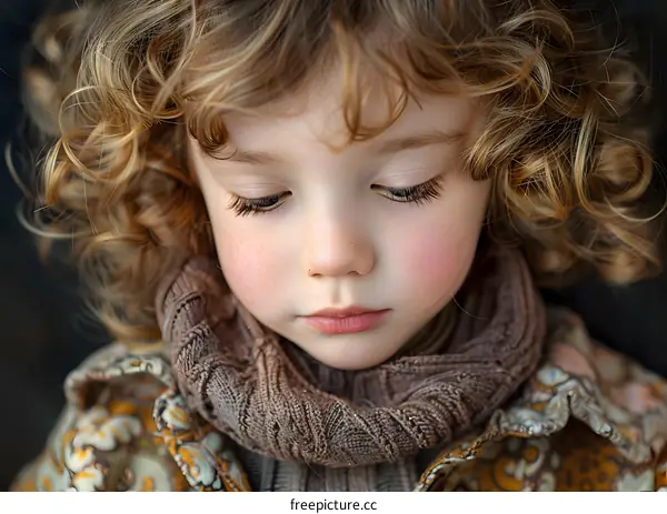 Portrait of a cute little girl with curly blond hair and freckles