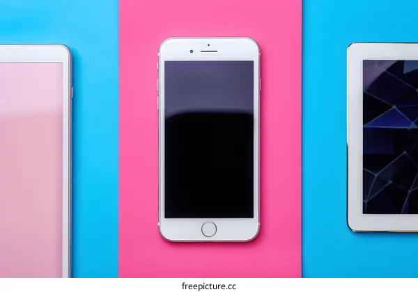 White Smartphone, Tablet and Pink Blue Background