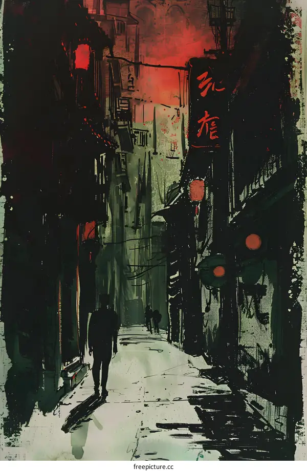 Watercolor Painting of Chinese City Street at Night