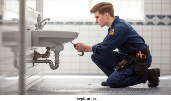 Young plumber fixing a sink
