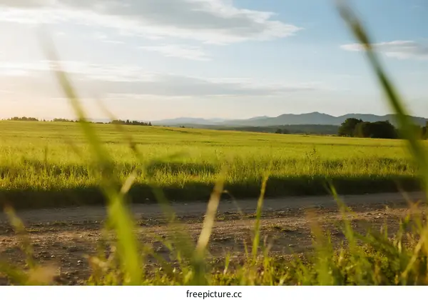 Peaceful countryside landscape with green fields and distant mountains