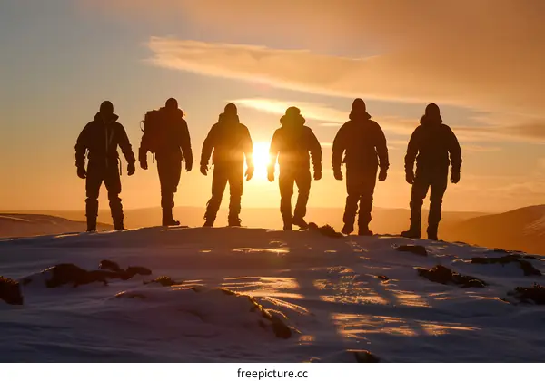 Silhouettes of Five Hikers at Sunset in Snowy Mountains