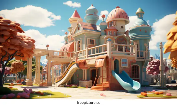 A colorful and whimsical 3D rendering of a cartoon castle
