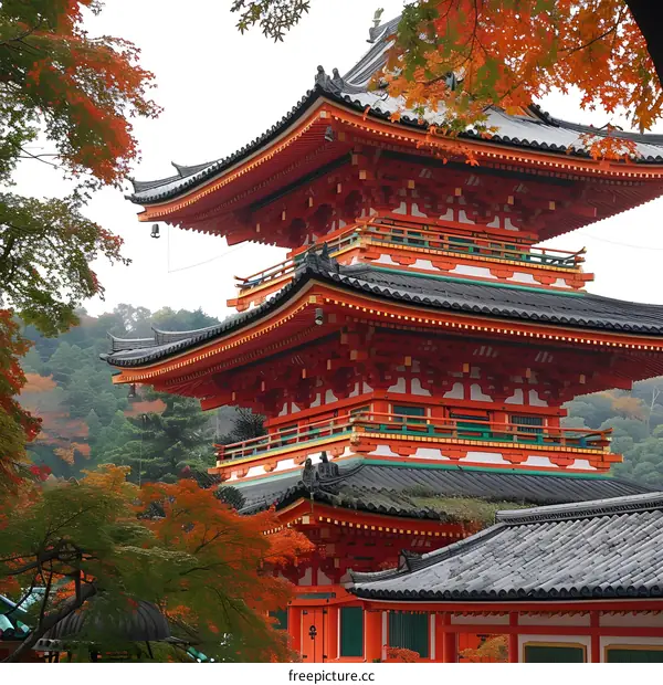 A photo of a pagoda with red and green accents surrounded by trees with red leaves