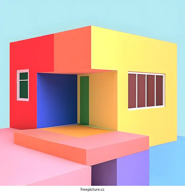 Abstract Minimalist Colorful Building With Geometric Shapes And Windows