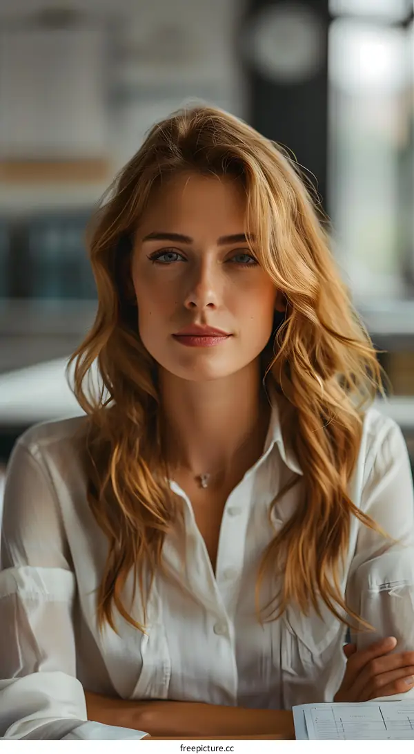 portrait of a beautiful young woman with long red hair wearing a white shirt