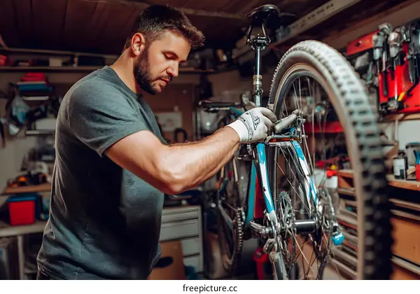 Man Fixing Bicycle in Garage