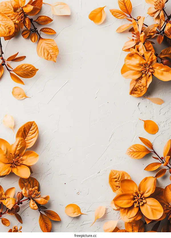 Autumn Leaves and Flowers on White Background