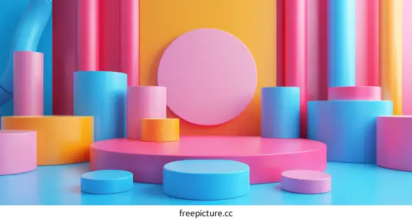 Colorful 3D geometric shapes composition with podiums and cylinders