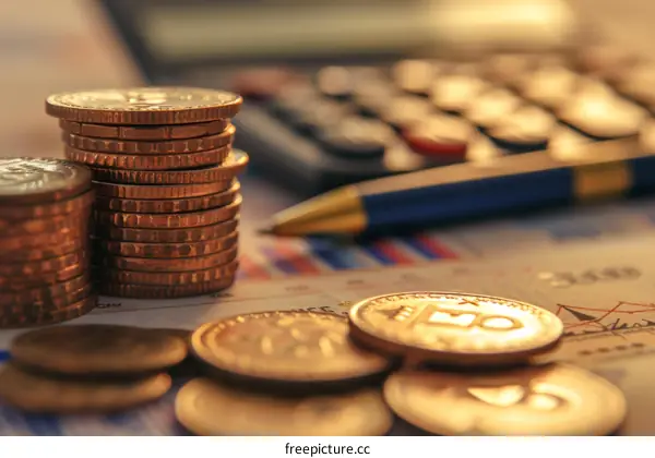 A close-up image of a stack of pennies sitting on a desk next to a calculator and a pen.