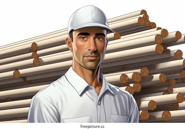 Portrait of a Male Woodworker Standing in Front of a Stack of Wooden Logs