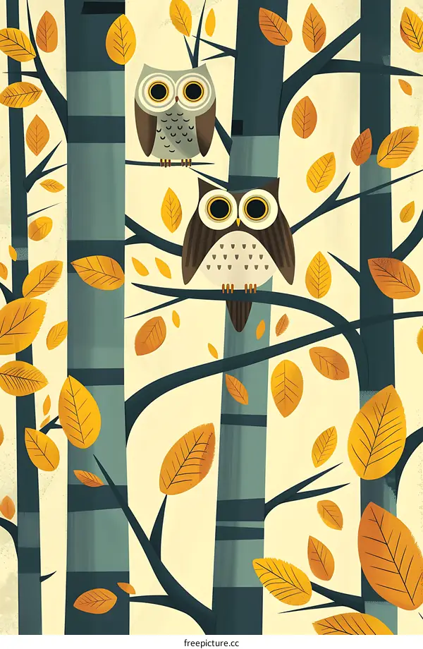 Two Owls Sitting on Tree Branches with Yellow Leaves