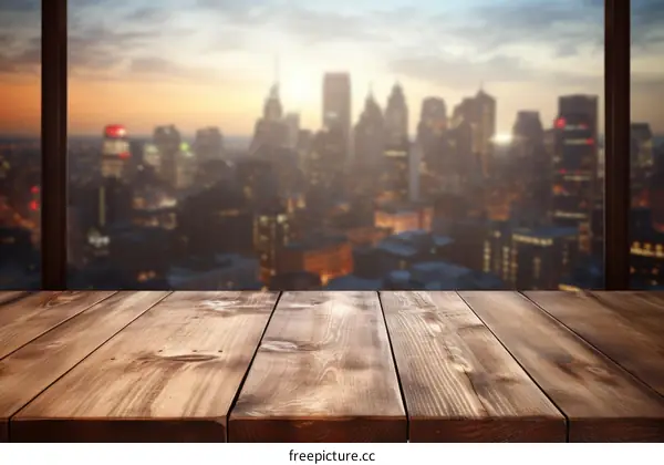 Wooden table with blurred cityscape background