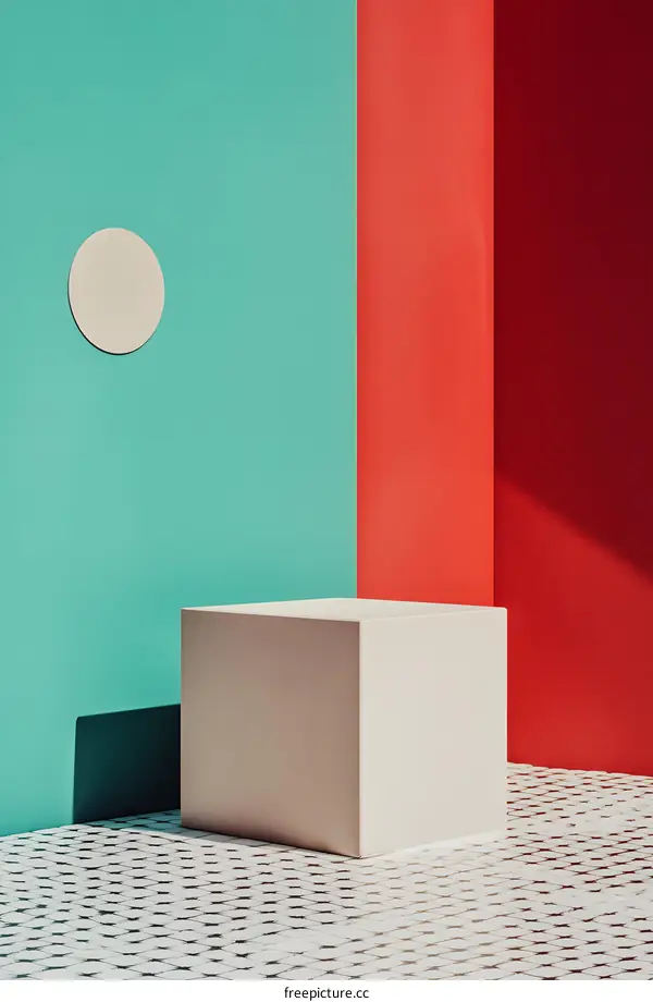 Minimalist Abstract Background with White Cube on Red and Green Walls