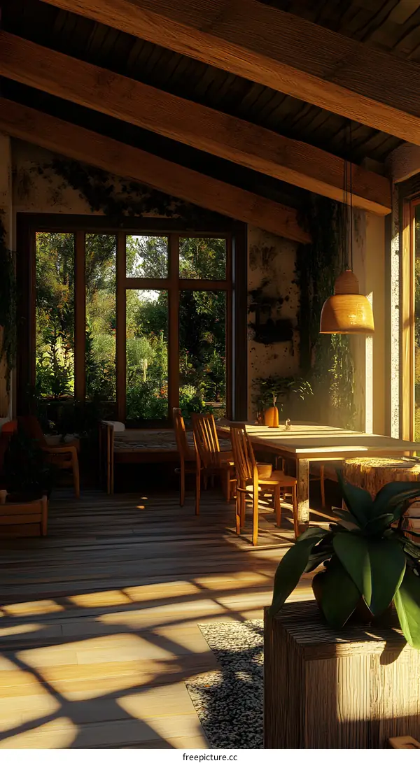 Rustic Interior Design with Wooden Beams and Large Windows