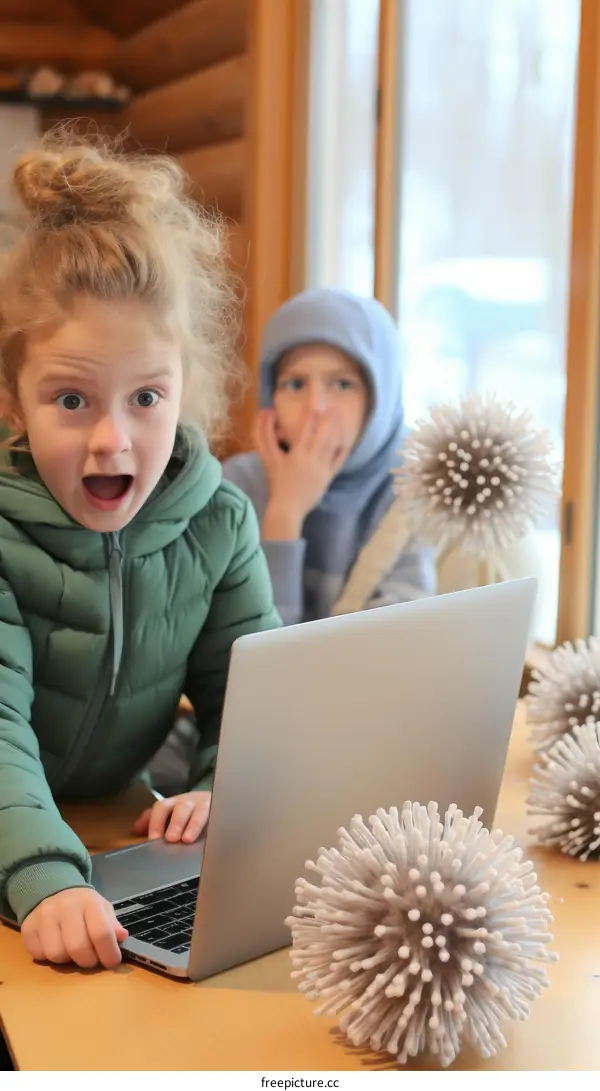 Two shocked children looking at a laptop with a virus model