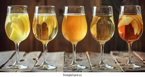 Four Glasses of Sparkling Apple Cider with Apple Slices