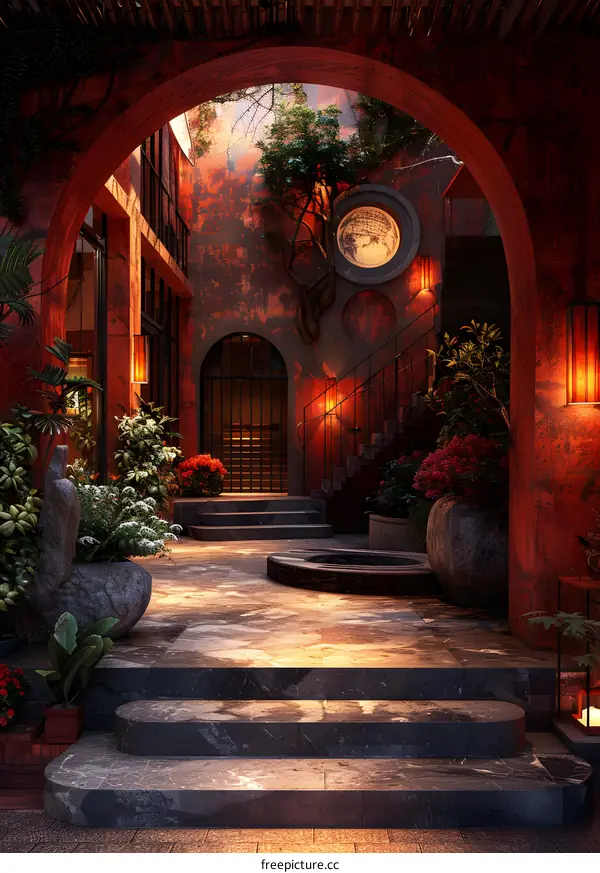 Chinese style courtyard with red walls and black roof tiles