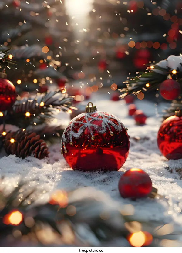 Red Christmas balls and pine cones in the snow