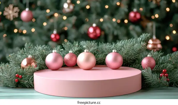 Pink Christmas Ornaments Display on Podium