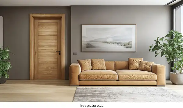Modern Wooden Door and Beige Sofa Living Room Scene