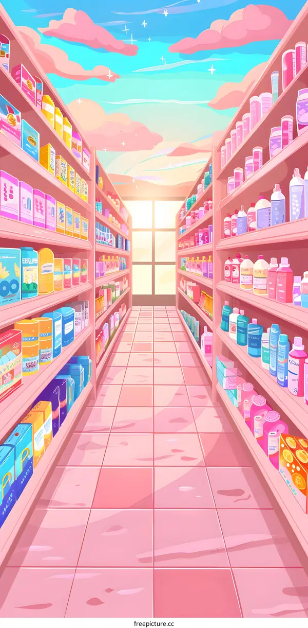 Pink Supermarket Illustration with Pastel Sky