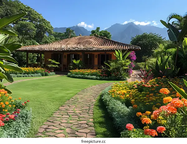 Stone Pathway Through Lush Garden With Tropical House and Mountain View