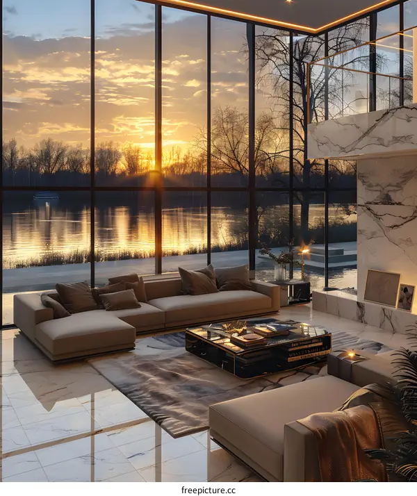 Modern living room with sunset view