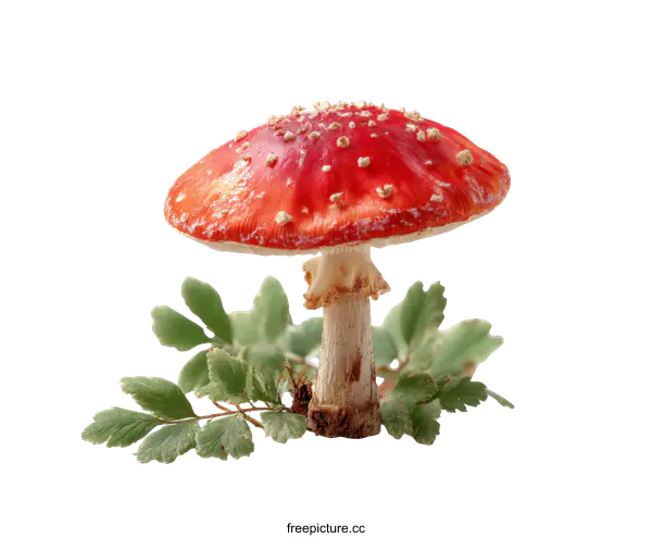 [Transparent Background PNG]Stunning Red Mushroom with Green Leaves