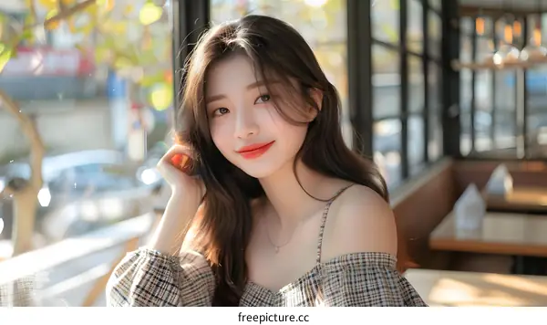 Beautiful Asian Woman Sitting by Window with Plaid Shirt