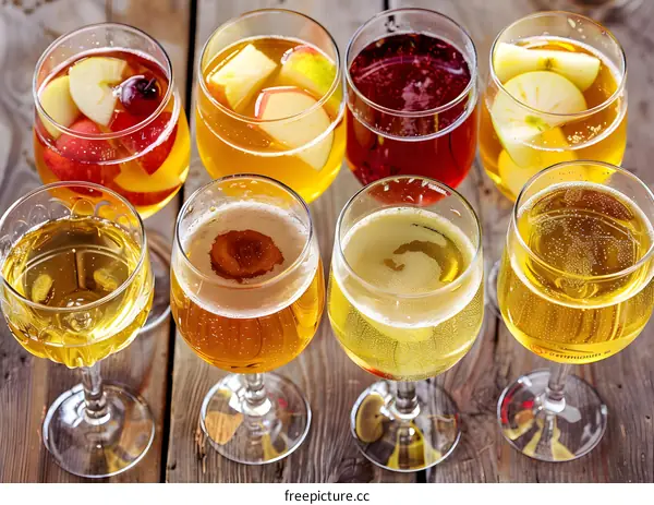 Variety of Apple Cider in Glasses on Wooden Table