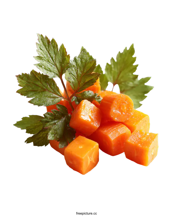 [Transparent Background PNG]Close up of fresh diced carrots with leaves