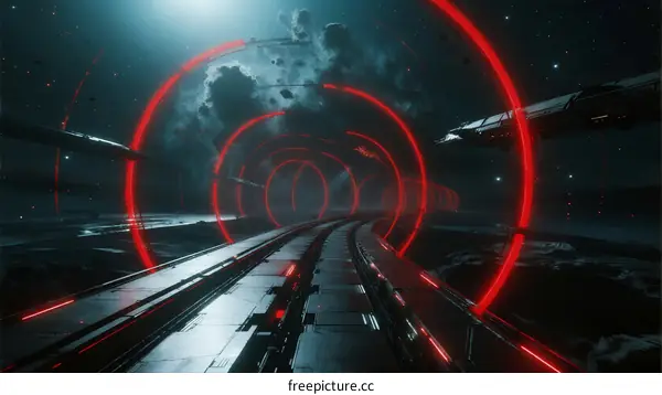 Futuristic Space Train Track with Glowing Red Rings
