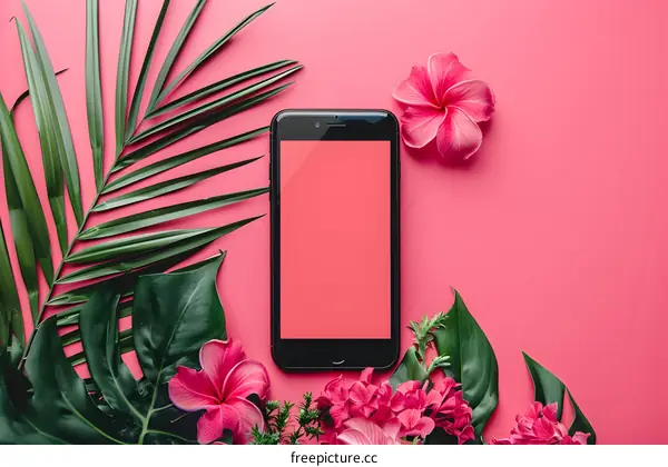 Pink Background Flat Lay With Smartphone and Tropical Plants