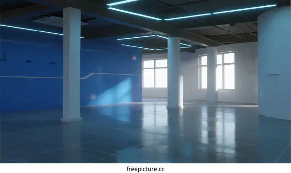 Modern empty commercial space with blue walls and bright lighting