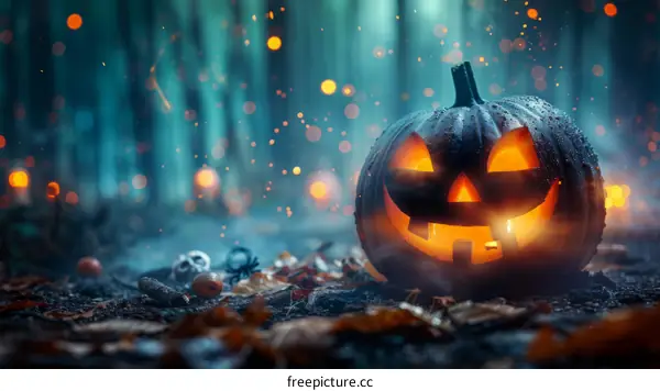 Halloween Pumpkin in the Woods at Night