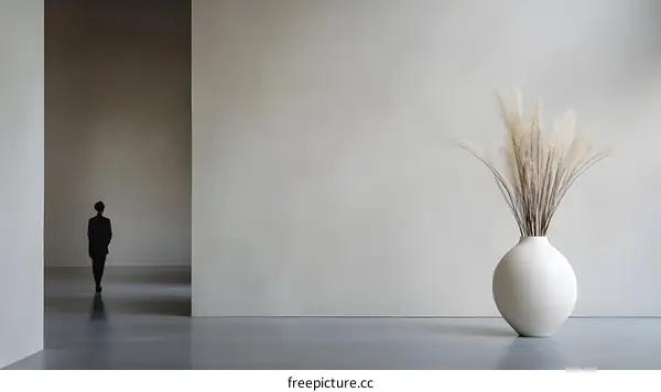 Minimalist Interior Design with a Person Standing in a Large Room with a Vase of Dried Flowers